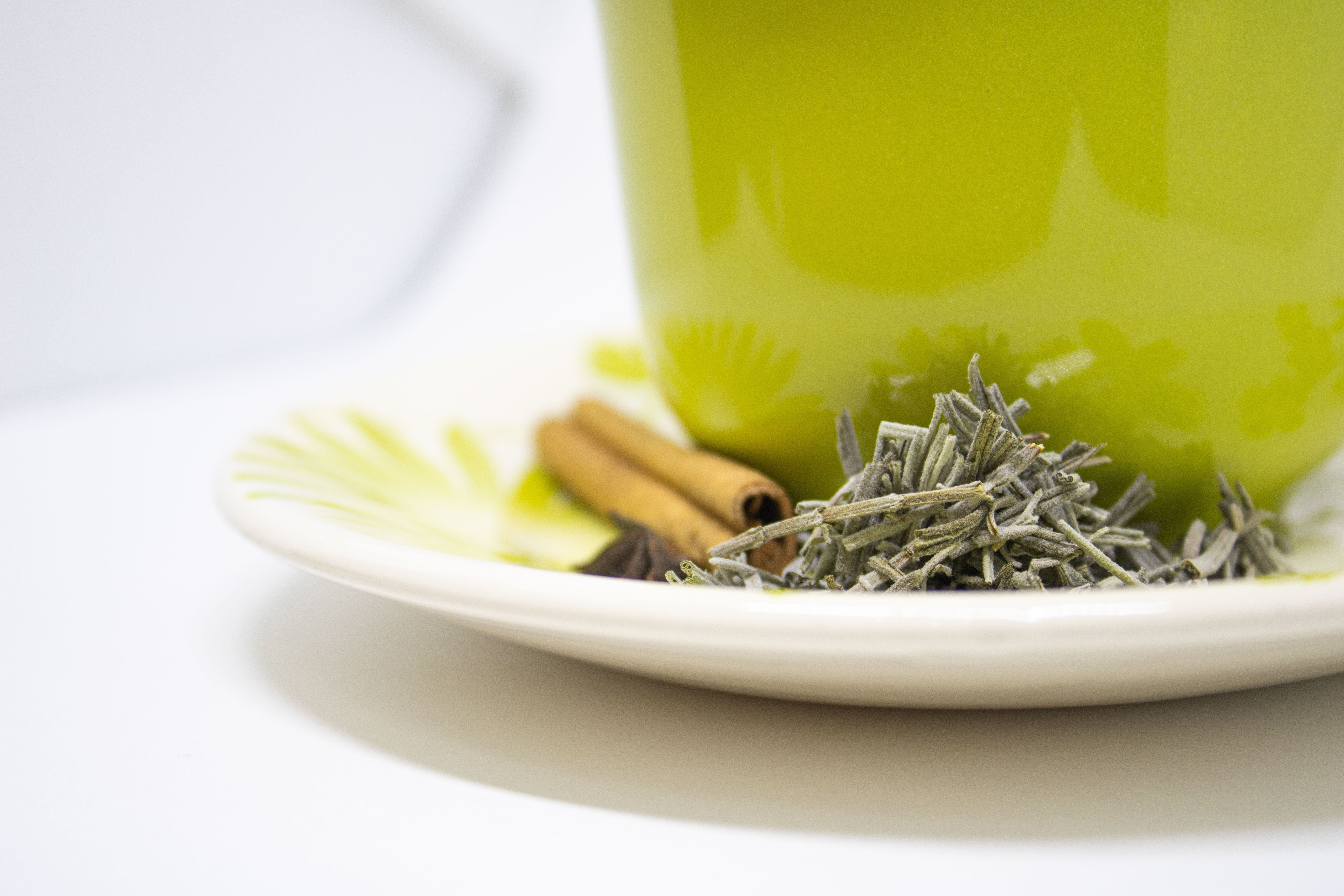 Close-up of herbal tea with dried calming herbs on saucer, gentle herbal tea for deep sleep support
