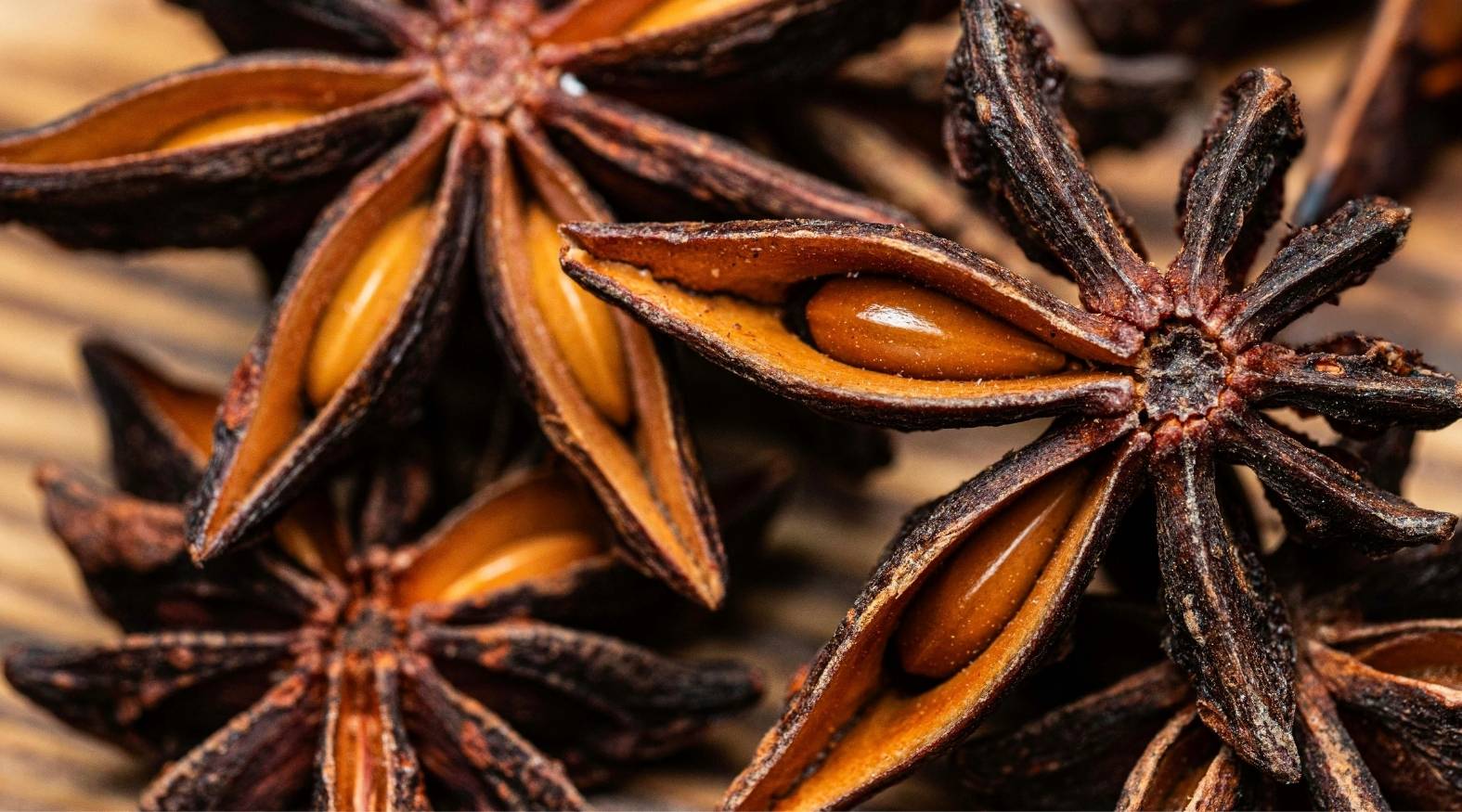 Star anise pods with glossy brown seeds, highlighting the distinctive star-shaped structure and rich, warm tones of this aromatic herbal spice.