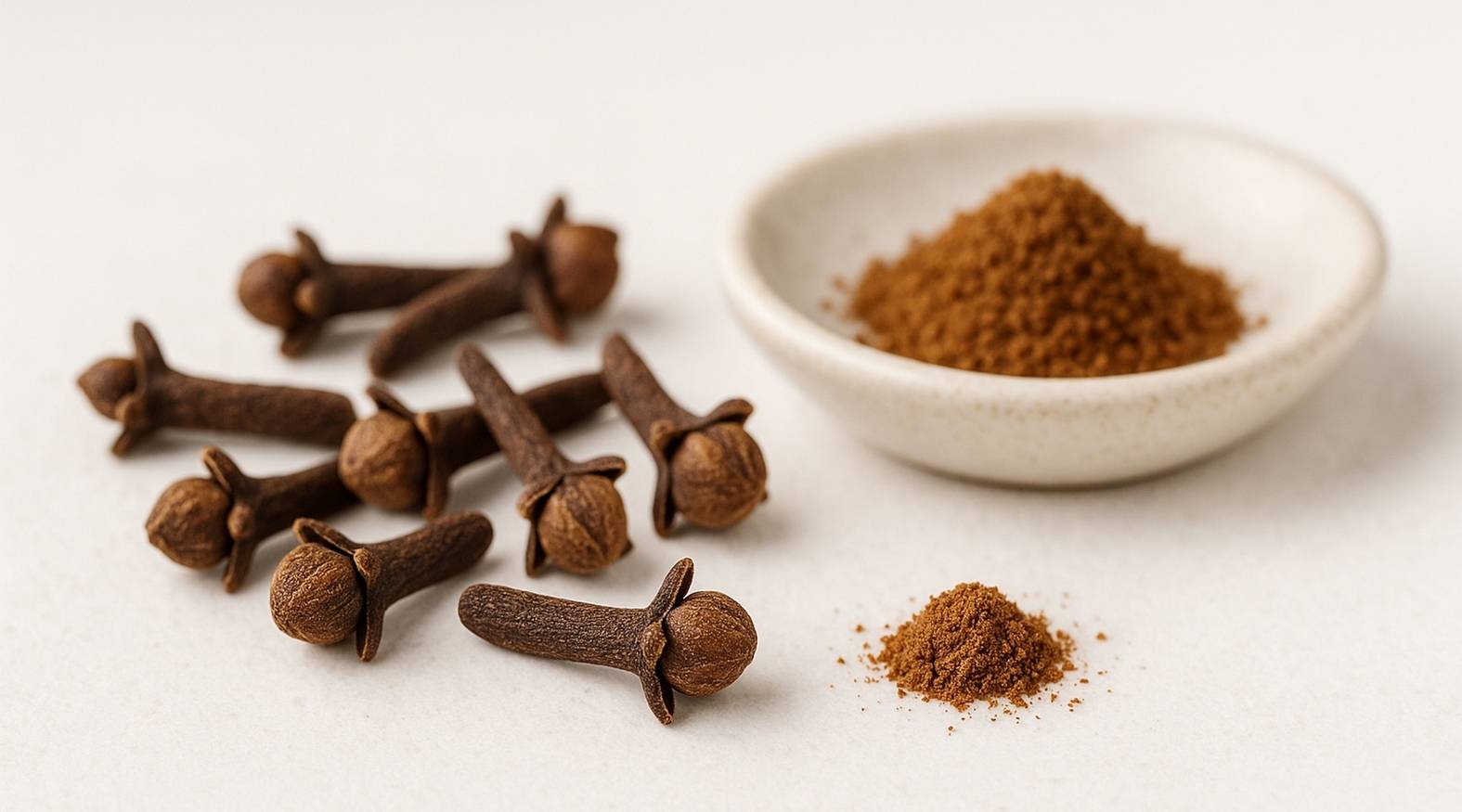 Clove (Syzygium aromaticum) showing dried, nail-shaped flower buds with a rich brown colour and textured surface, alongside a small pile of ground clove, highlighting the spice’s distinctive form and aromatic preparation.