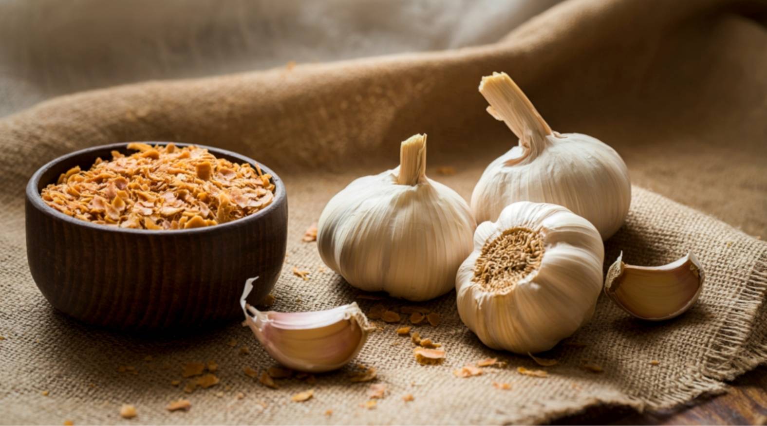 Garlic (Allium sativum) with whole bulbs, separated cloves, and a bowl of dried garlic flakes, highlighting its natural form and culinary use.