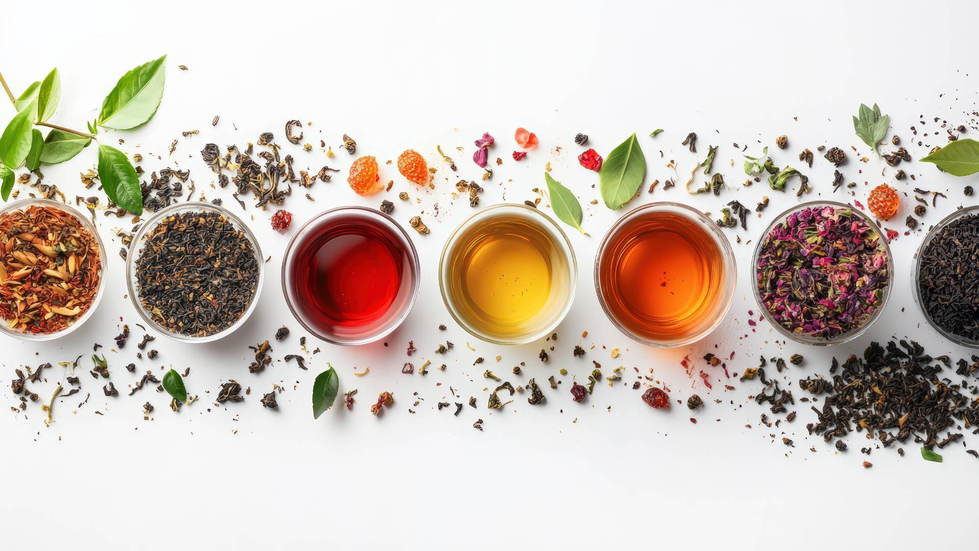 Variety of herbal teas and dried herbs arranged in a row, soothing herbal tea for acid reflux support