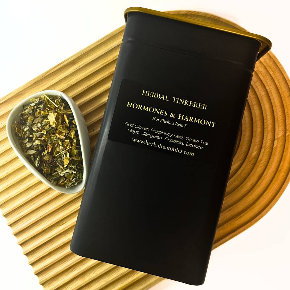 Herbal tea setup with natural ingredients on surface, soothing herbal tea for period cramps support