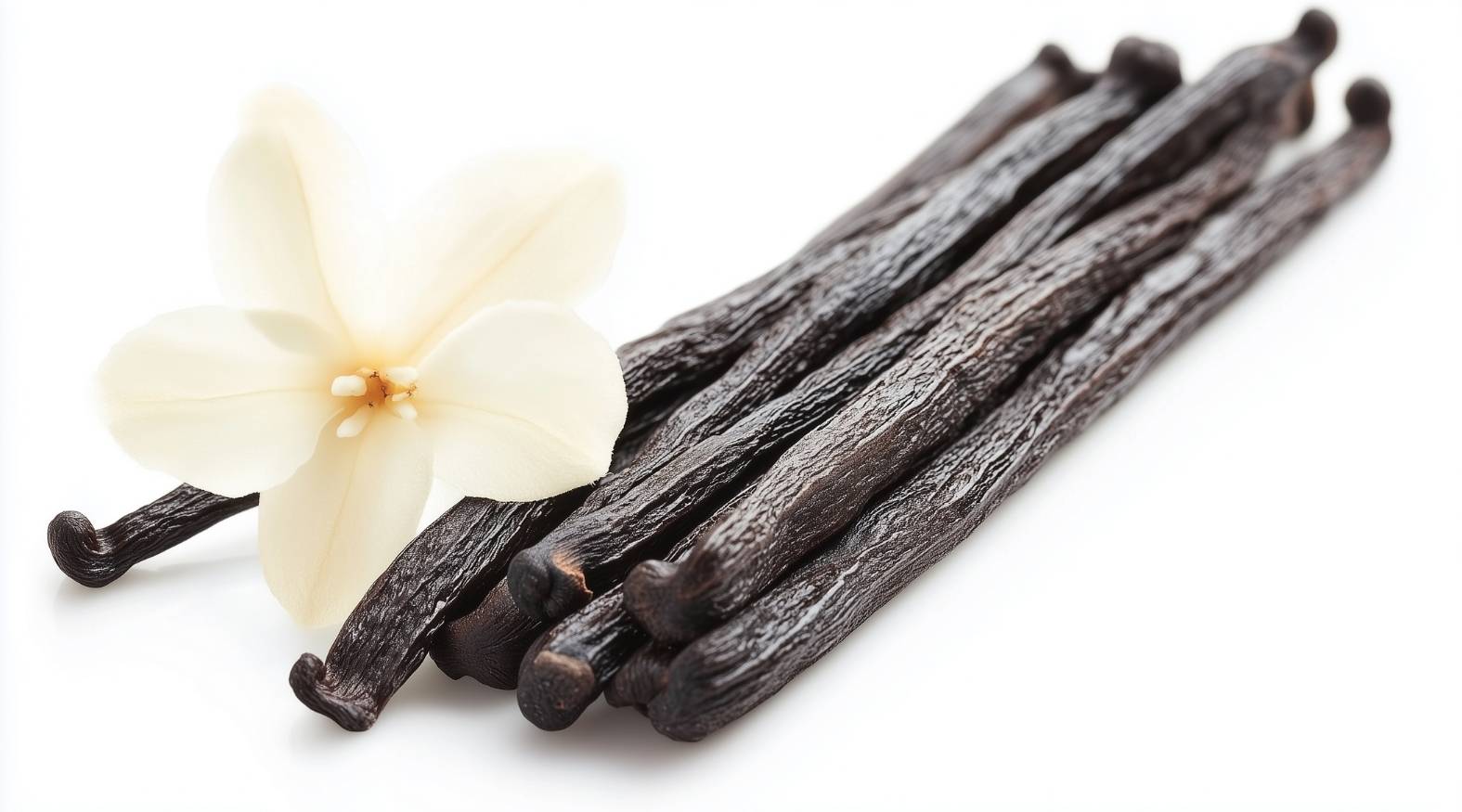 Vanilla bean (Vanilla planifolia) displaying several dark, wrinkled pods with a rich brown-black colour and slightly glossy texture.