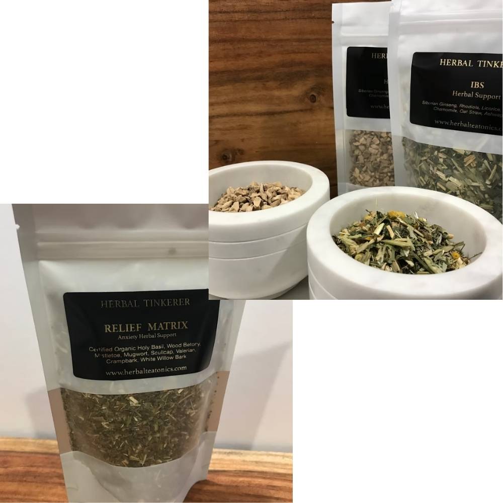 Collage of herbal products including bags and bowls with dried herbs, branded 'Herbal Tinkerer'.